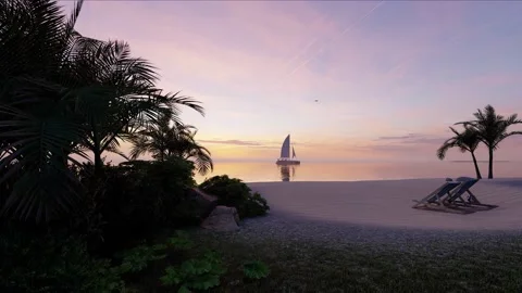 Sunset dusk epic relaxing clouds exotic ocean palm beach with sailboat Stock Footage 155019747