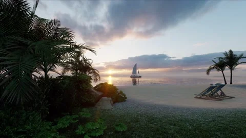 Sunset dusk epic relaxing clouds exotic ocean palm beach with sailboat Stock Footage 155019750