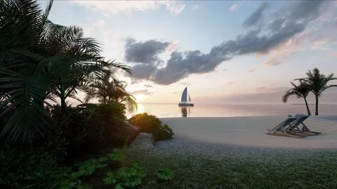 Sunset dusk epic relaxing clouds exotic ocean palm beach with sailboat Stock Footage 155020108