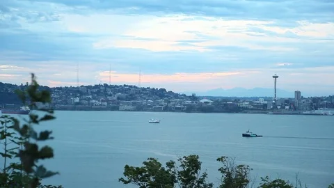 Sunset at dusk of Seattle Washington skyline at night from Queen Anne's Hill Stock Footage 80791306