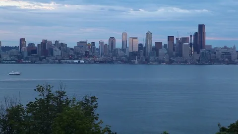 Sunset at dusk of Seattle Washington skyline at night from Queen Anne's Hill Stock Footage 80791327
