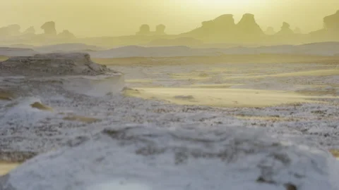 Sunset dust storm, Egypt White Desert sahara rock formations, sand camping 4x4 Stock Footage 287196582