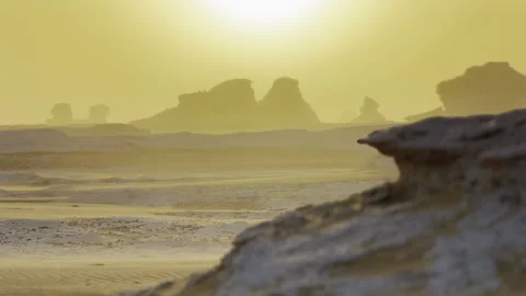 Sunset dust storm, Egypt White Desert sahara rock formations, sand camping 4x4 Stock Footage 287196601