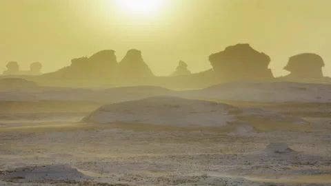 Sunset dust storm, Egypt White Desert sahara rock formations, sand camping 4x4 Stock Footage 287197236