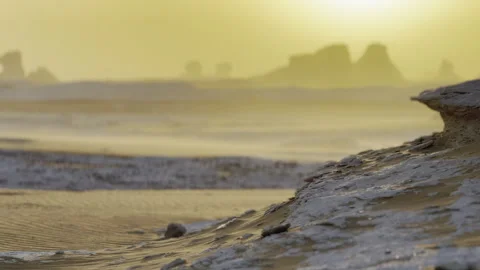Sunset dust storm, Egypt White Desert sahara rock formations, sand camping 4x4 Stock Footage 287197433