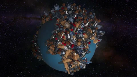 Sunset on earth filled with wasted plastic seamless animation concept. Milky way Stock Footage 235933600