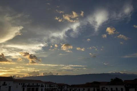 Sunset in the eastern Andes range mountains that surroud the colonial town of Stock Photos