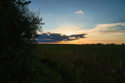Sunset at the edge of a forest bordering a field in Sweden on the island of.. Stock Photos