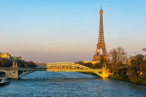 Sunset on Eiffel tower and Pont Rouelle - Paris Stock Photos