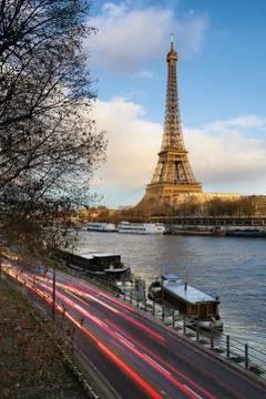 Before Sunset at the Eiffel Tower and Seine River, Paris Stock Photos