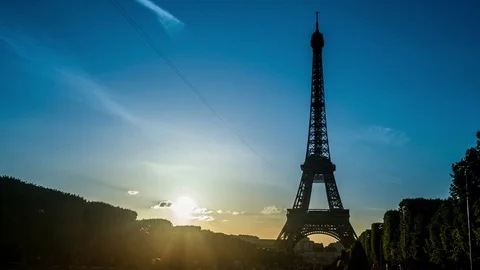 Sunset with Eiffel Tower in Paris, France Stock Footage