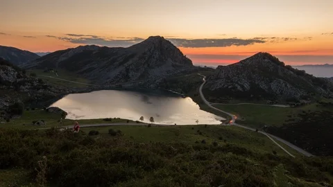 Sunset Enol Lake, Picos de Europa National Park, Spain - Timelapse Stock Footage