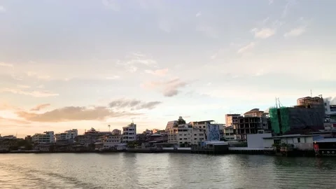 Sunset evening with city riverside view from cruise in Chao Phraya river Stock Footage 218339956