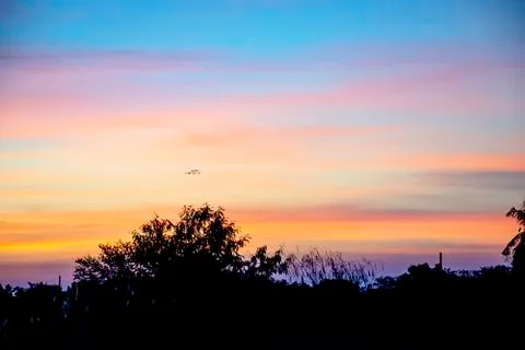 Sunset the evening light through the clouds and  trees. Stock Photos
