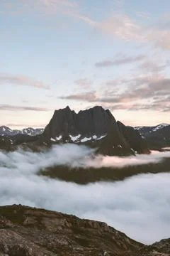 Sunset evening mountains and clouds landscape in Norway Senja islands nature  Stock Photos