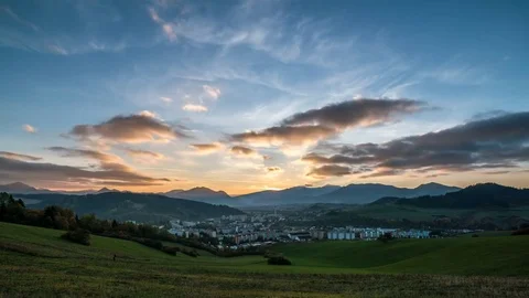 Sunset evening over small town. Day to night time lapse zoom in Stock Footage 82470425