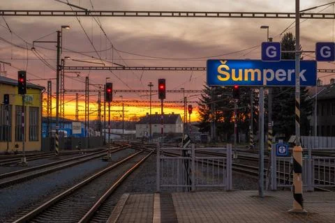 Sunset evening on platform in cold winter in Sumperk 01 31 2025 Stock Photos