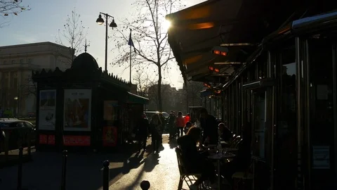 Sunset evening sun light paris city street cafe sidewalk panorama 4k france Stock Footage 79861183