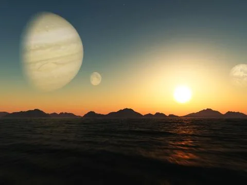 Sunset on exoplanet. 3D rendering. Stock Illustration