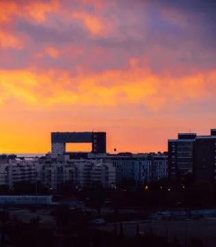 Sunset facade of the apartment building Edificio Mirador, a postmodern Stock Photos