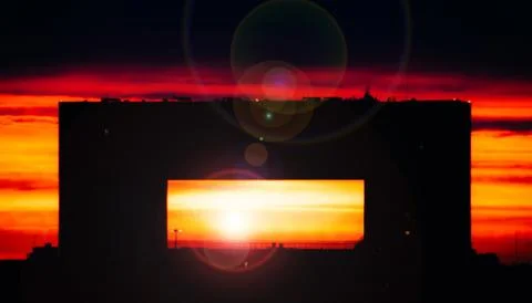 Sunset facade of apartment building Edificio Mirador, a postmodern architecture Stock Photos