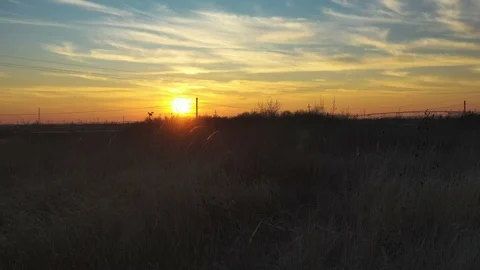 Sunset in the field with an asphalt road in the foreground - drone shot Stock Footage 125088952