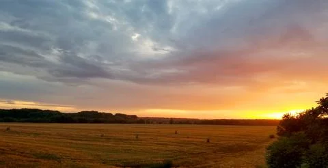 Sunset on a field with mowed rye or wheat in summer against a cloudy sky Stock Photos