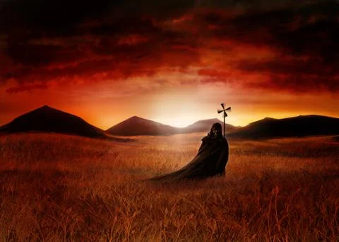Sunset field with stalker soldier Stock Illustration