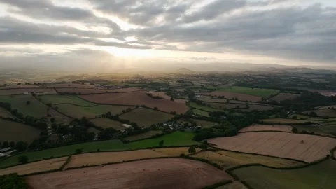 Sunset of Fields and Farms over Devon from a drone, Torquay, Torbay, Devon, UK Stock-Footage 315050080