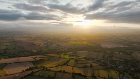Sunset of Fields and Farms over Devon from a drone, Torquay, Torbay, Devon, UK Stock-Footage 315050126