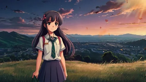 Sunset-filled lofi animation video of a schoolgirl with scenic mountain views Stock Footage 293425971