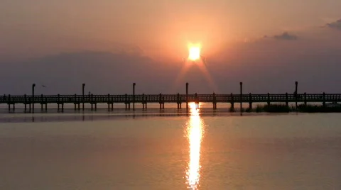 Sunset fishing pier boat Texas HD Stock Footage