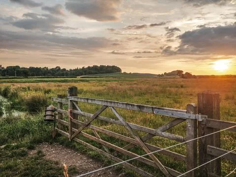 Sunset by a five bar gate in devon Foto stock