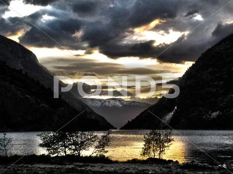 Sunset in a Fjord, Lærdal, Norway Stock Photos