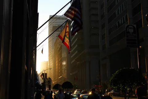 Sunset with flags in San Francisco Stock Photos