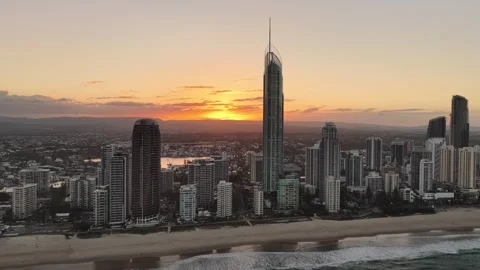 Sunset Flaring Between The Surfers Paradise Towers, Gold Coast Australia Video stock 347117387