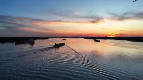 Sunset Flight Delaware River with Ships and Planes Stock Footage 274463578