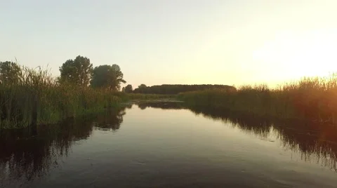 Sunset flight over calm river Video stock 63655905