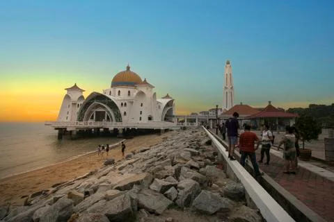 Sunset at Floating Mosque Malacca Straits Stock Photos