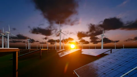 Sunset with fluffy clouds over solar panel field Stock Footage 172292165