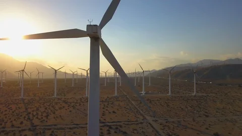 Sunset Fly By of Wind Turbine Wind Energy Farm in Palm Springs Stock-Footage 96243302