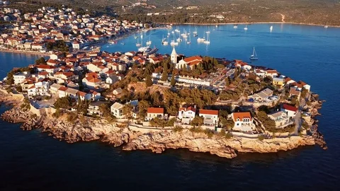 Sunset flying over resort adriatic town Primosten, Croatia. Stock Footage 79411649