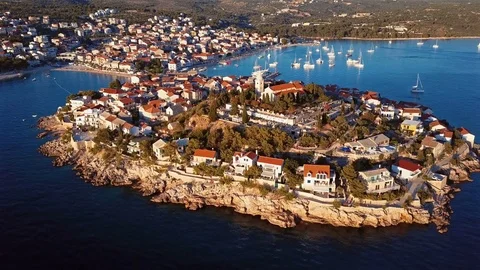 Sunset flying over resort adriatic town Primosten, Croatia. Stock Footage 80053019
