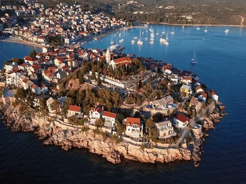 Sunset flying over resort adriatic town Primosten, Croatia. Stock Footage 84956853