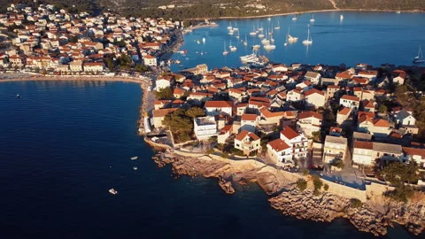 Sunset flying over resort adriatic town Primosten, Croatia. Stock Footage 88006885
