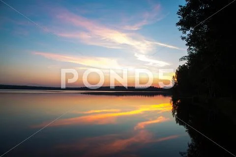 Sunset on forest lake grass on the shore Stock Photos