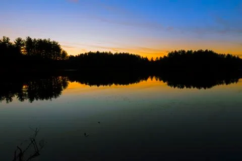 Sunset on a forest lake. Stock Photos