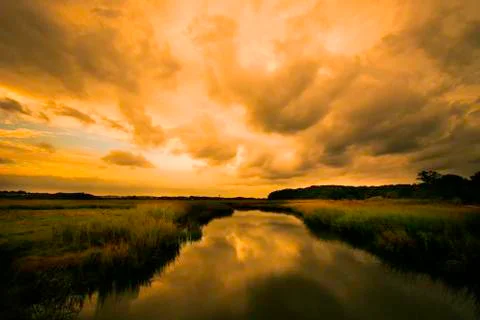 Sunset on a forest lake. Stock Photos