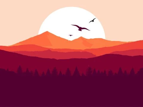 Sunset in Forest Mountains Stock Illustration