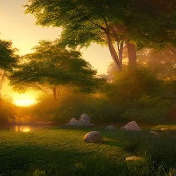 Sunset, forest, trees, rocks, shrubbery, backlit, pond, lake, fantasy, haze Stock Illustration